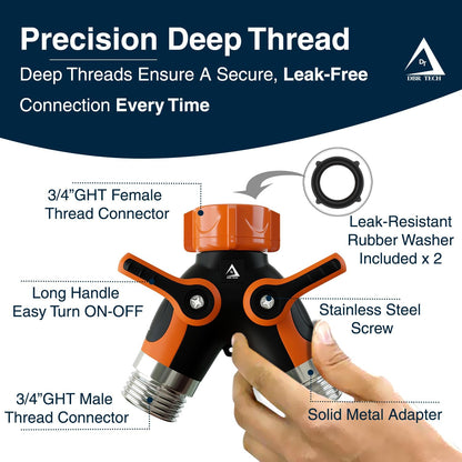 DBR Tech® Hose Splitter 2 Way, Heavy Duty Metal Connector, Two Way Garden Hose Splitter, High Flow Spigot Faucet Bib Adapter, Solid Double Y Shut Off Valve for Outdoor Gardening Hoses, Orange
