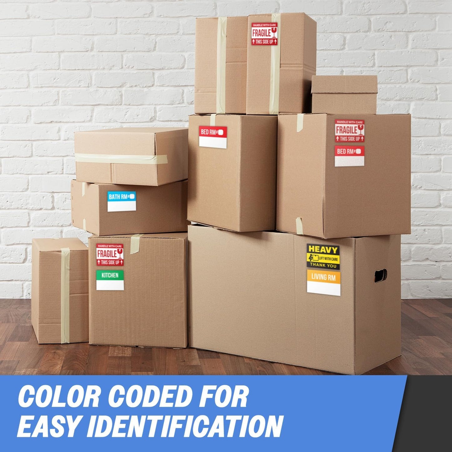 Moving Labels (3 x 2 inch, 300 per Pack) Ideal for 1-2 Bedroom Homes - 10x Designs of Color-Coded Moving Stickers w/Write-in Area, Fragile, Heavy & Blank Labels