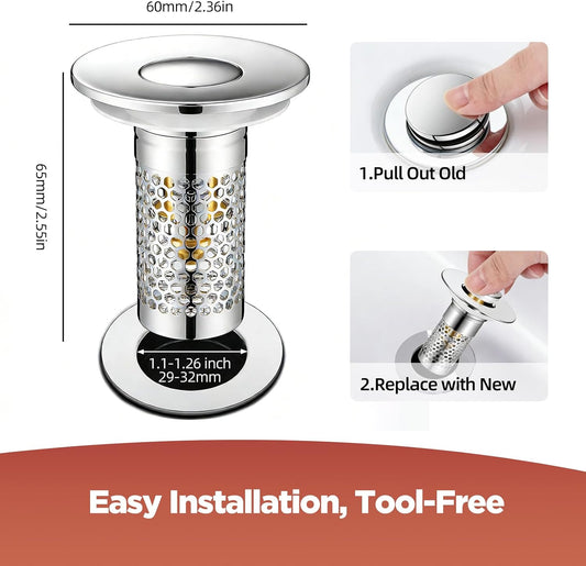 3-in-1 Drain Strainer, Stainless Steel Sink Hair Catcher with Removable Basket & Brass Core, Universal Pop-up Strainer for 1.1-2.36 Inch Drain 2 PCS(SS-01)