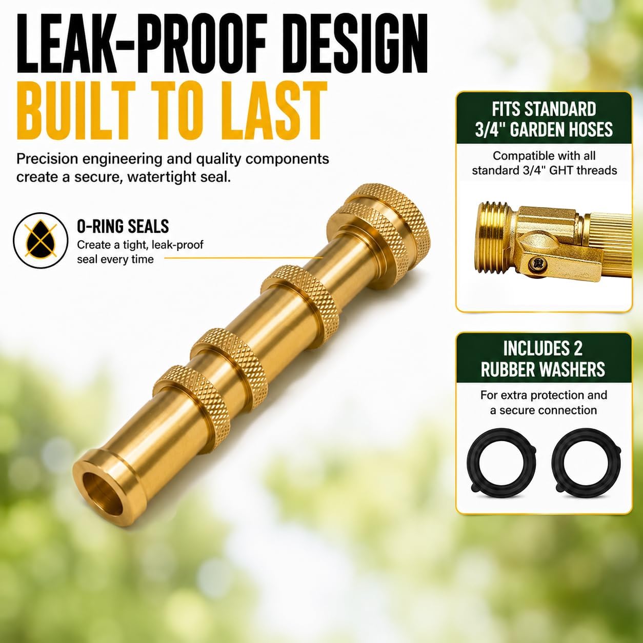 Morvat Solid Brass Metal Twist Garden Hose Nozzle, Heavy Duty Adjustable Pressure Spray Attachment, High Power Water Jet Sprayer with 4 Holes & ¾” Standard Threading, Includes 2 Extra Rubber Washers