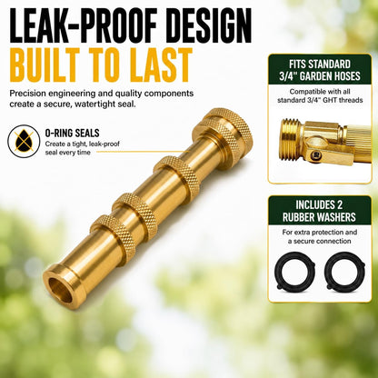 Morvat Solid Brass Metal Twist Garden Hose Nozzle, Heavy Duty Adjustable Pressure Spray Attachment, High Power Water Jet Sprayer with 4 Holes & ¾” Standard Threading, Includes 2 Extra Rubber Washers