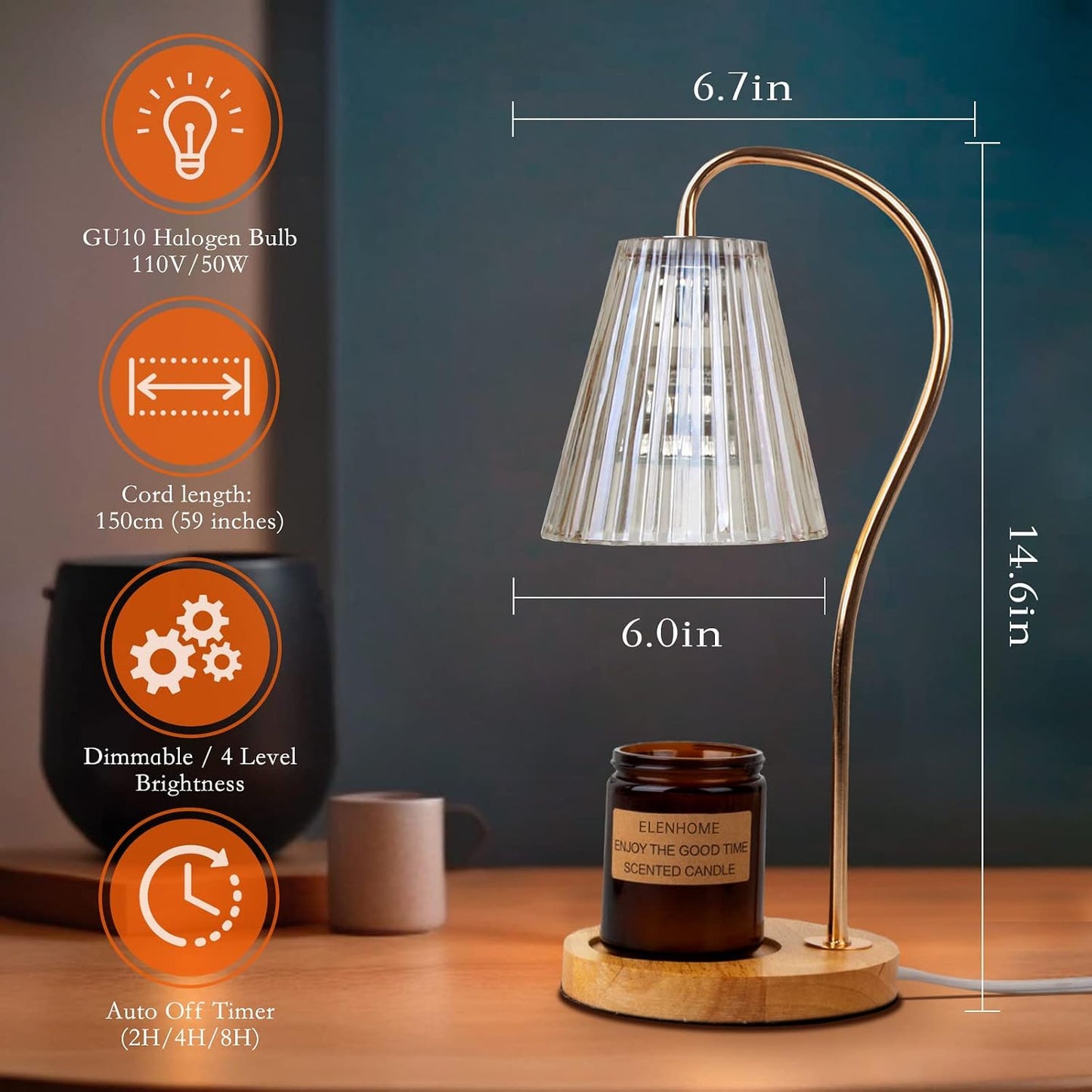 Elenhome Candle Warmer Lamp with Adjustable Height, Stepless Dimming Function-Home Decor Lamp, Metal Candle Lamp for Jar Candles, No Flame Scented Candle Warmer with 2 Bulbs (Black)