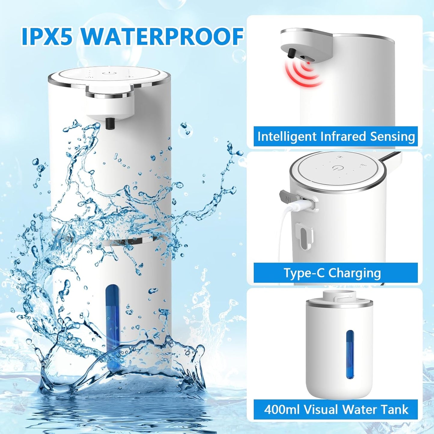 Automatic Soap Dispenser Touchless, USB Rechargeable Automatic Foaming Soap Dispenser, 12.8oz/380mL, 4 Level Adjustable, 1500mAh Smart Wall Mounted for Bathroom Kitchen Dish/Hand Soap