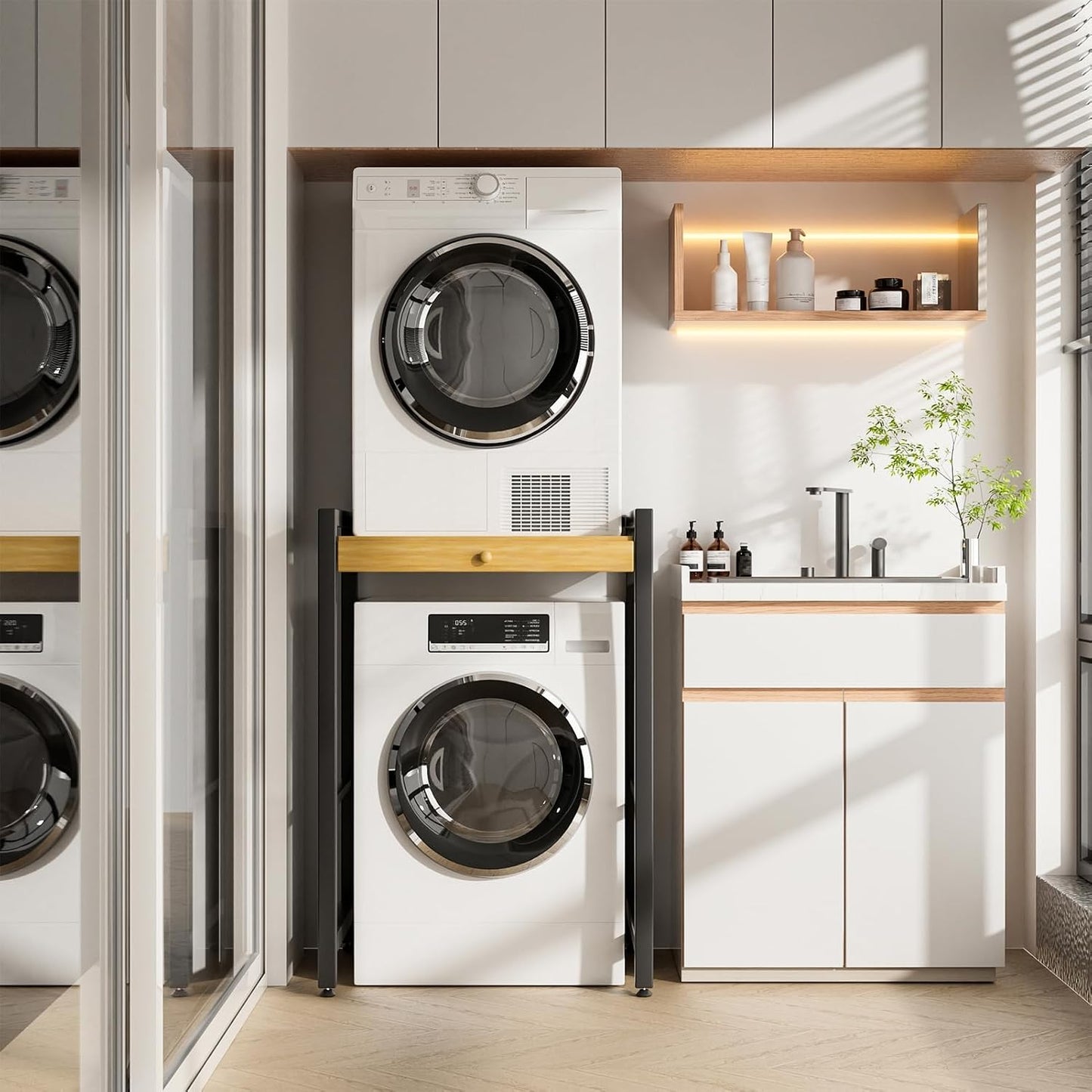 Washer Dryer Shelf Over The Washer Storage Shelf, Washing Machine Storage Utility Rack with Countertop, Height Adjustable Washing Machine Storages Stand White