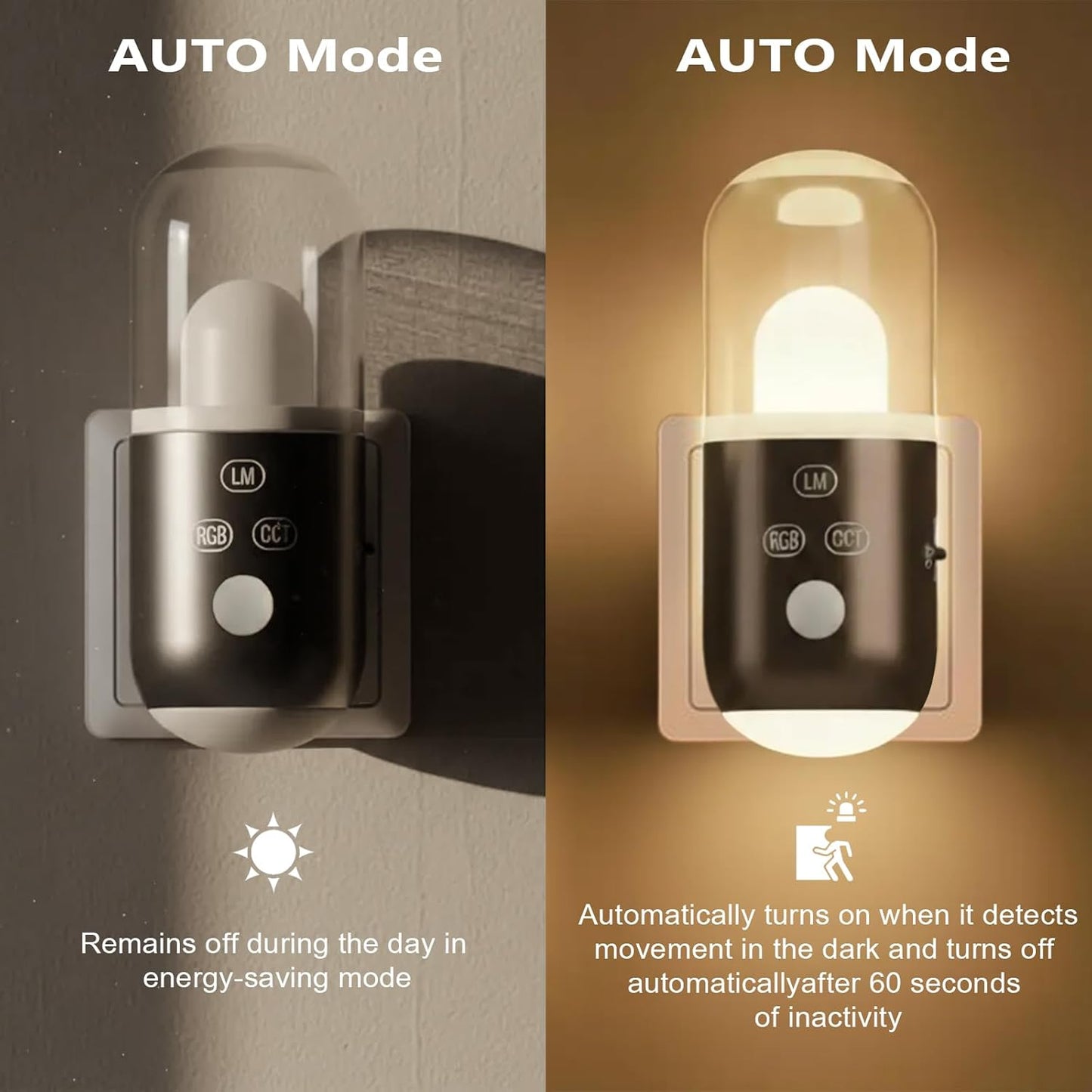 Night Light Plug into Wall with Motion Sensor & Dusk to Dawn Sensor, 3 Color Temperatures,RGB 8 Modes, 5-Level Dimming (20-240 LM) LED Night Light for Bedroom, Hallway, Stairs (White 2pcs)