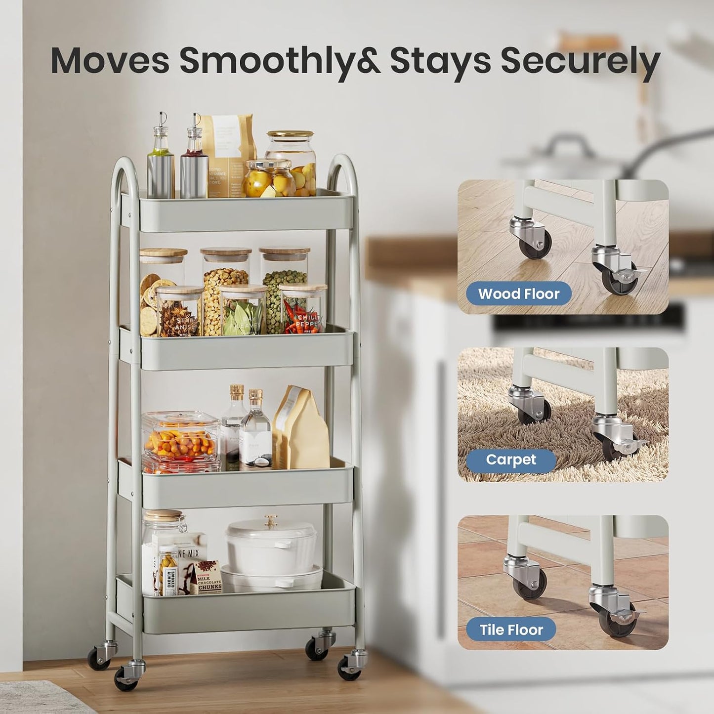 DUMOS 3 Tiers Rolling Cart, Utility Cart, Metal, White | Mobile Storage, Lockable Wheels, Utility Shelving Unit, Kitchen, Bathroom, Laundry, Narrow Places