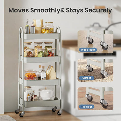 DUMOS 3 Tiers Rolling Cart, Utility Cart, Metal, White | Mobile Storage, Lockable Wheels, Utility Shelving Unit, Kitchen, Bathroom, Laundry, Narrow Places