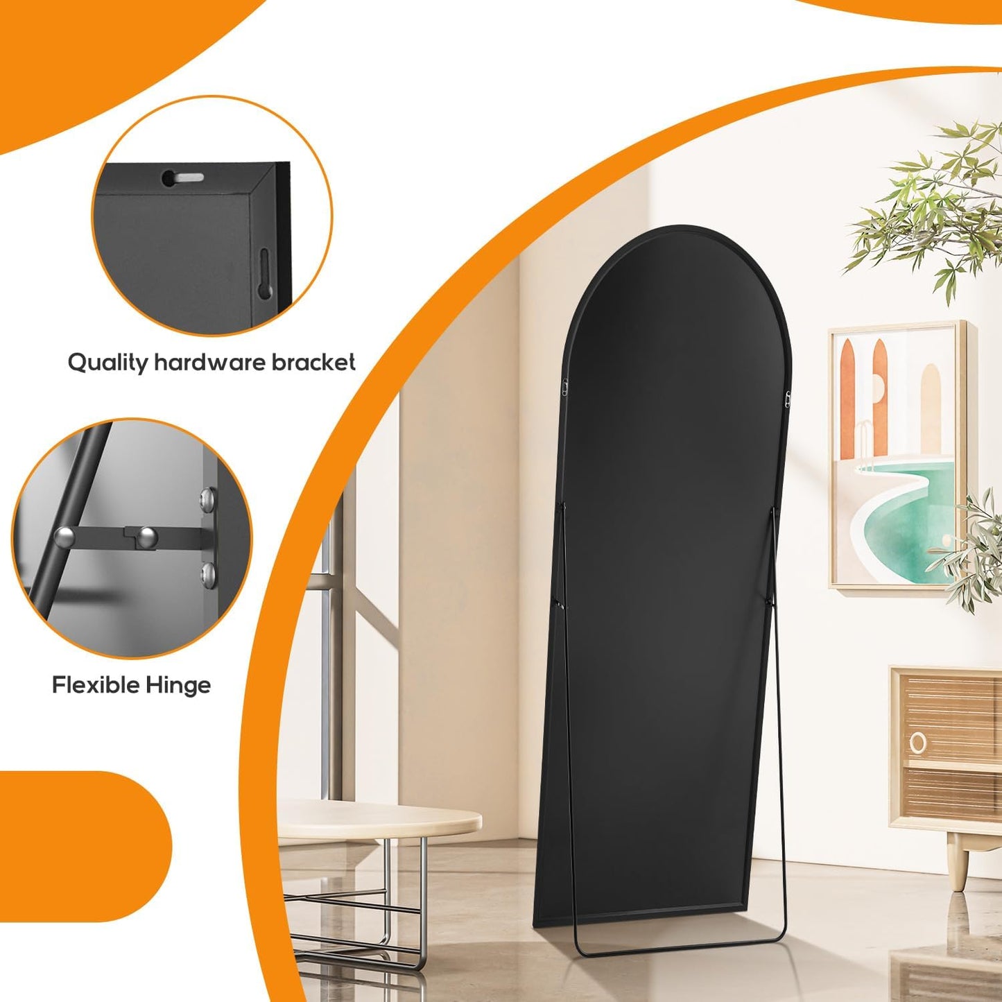 Arched Mirror Full Length, Upgraded 16"x59" Body Wall Mirrors with Shatter-Proof Glass, Floor Standing, Hanging or Leaning, Tall Arch Mirror with Stand Aluminum Alloy Frame for Bedroom, Black