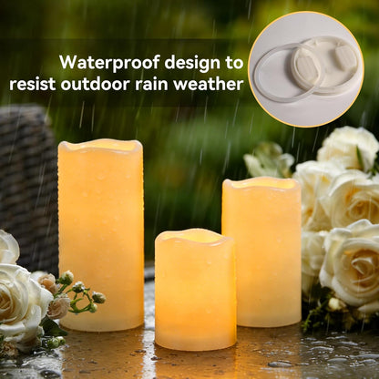 Raycare Outdoor Waterproof Flameless Candles, Battery Operated LED Electric Candles with Remote and Timers, Fake Pillar Candle for Patio, Porch, and Wedding Decor, Ivory, Set of 3(3"x4" 5" 6")