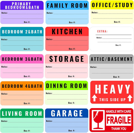 Large Moving Labels for Boxes Color Coded, 460 Stickers for Home Moving Supplies with Removable Tape, Fragile Stickers Packing Labels for Moving Boxes, Moving for Organizing and Packing