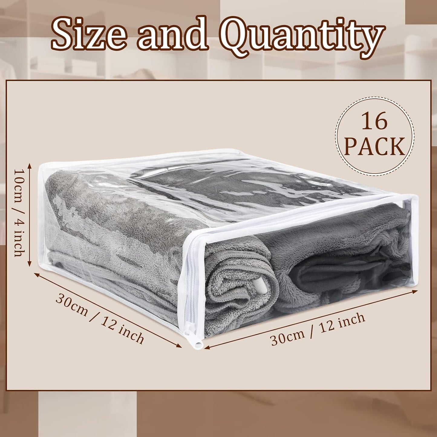 Kingdder 16 Pcs Clear Zippered Storage Bags Plastic Sweater Bags with Zipper 10 x 10 x 2.5 Inch Vinyl Sheet Organizer and Storage for Clothing Blankets Sheet Linen Bed Pillow Cube Organizer
