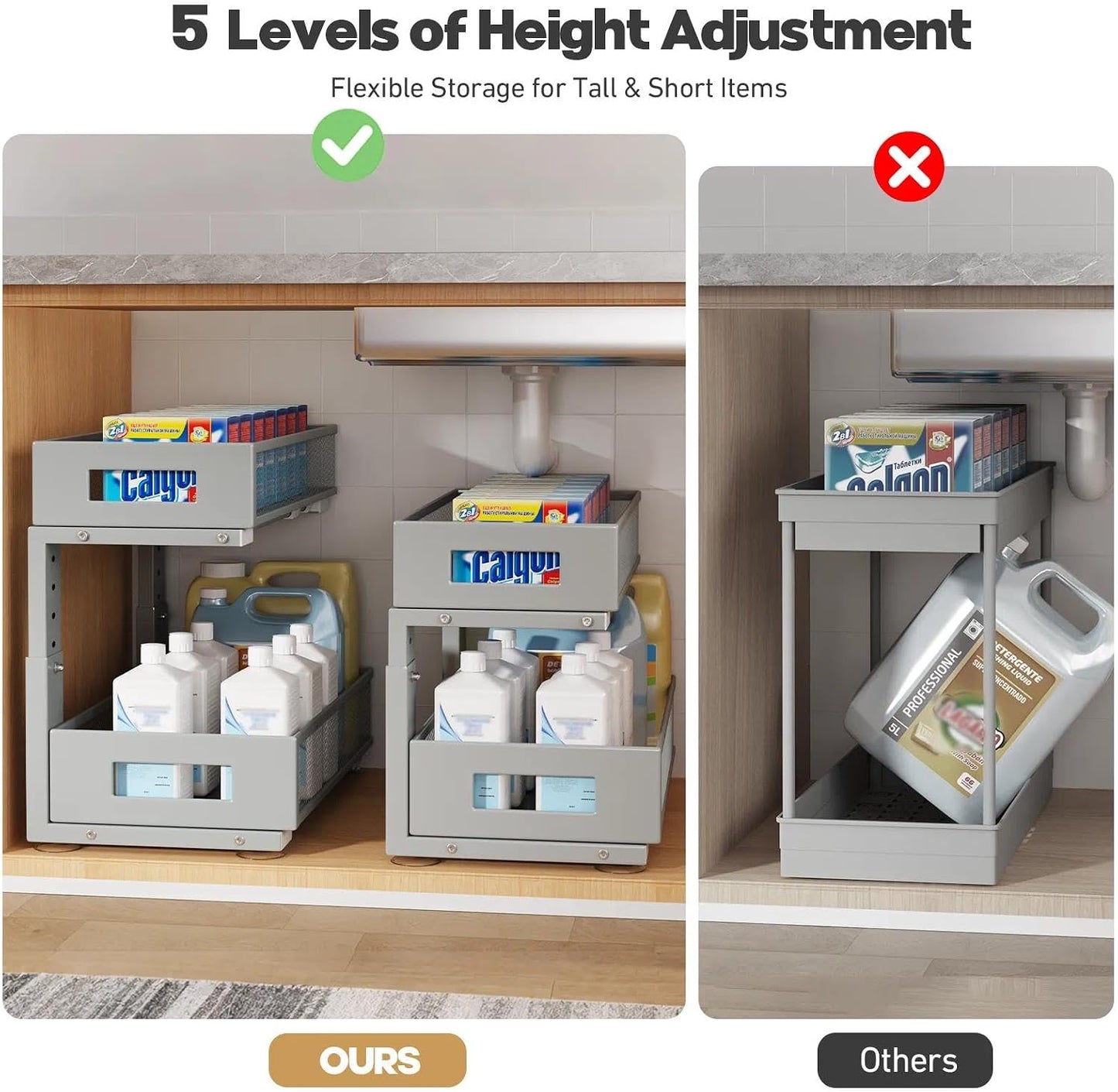 Under Sink Organizer, 2-Tier Dual Pull Out Cabinet Organizer Drawers With Smooth Circular Rail, Large Capacity Metal Mesh Sliding Shelves For Bathroom& Kitchen Storage,Height Adjustable–White,2 Packs