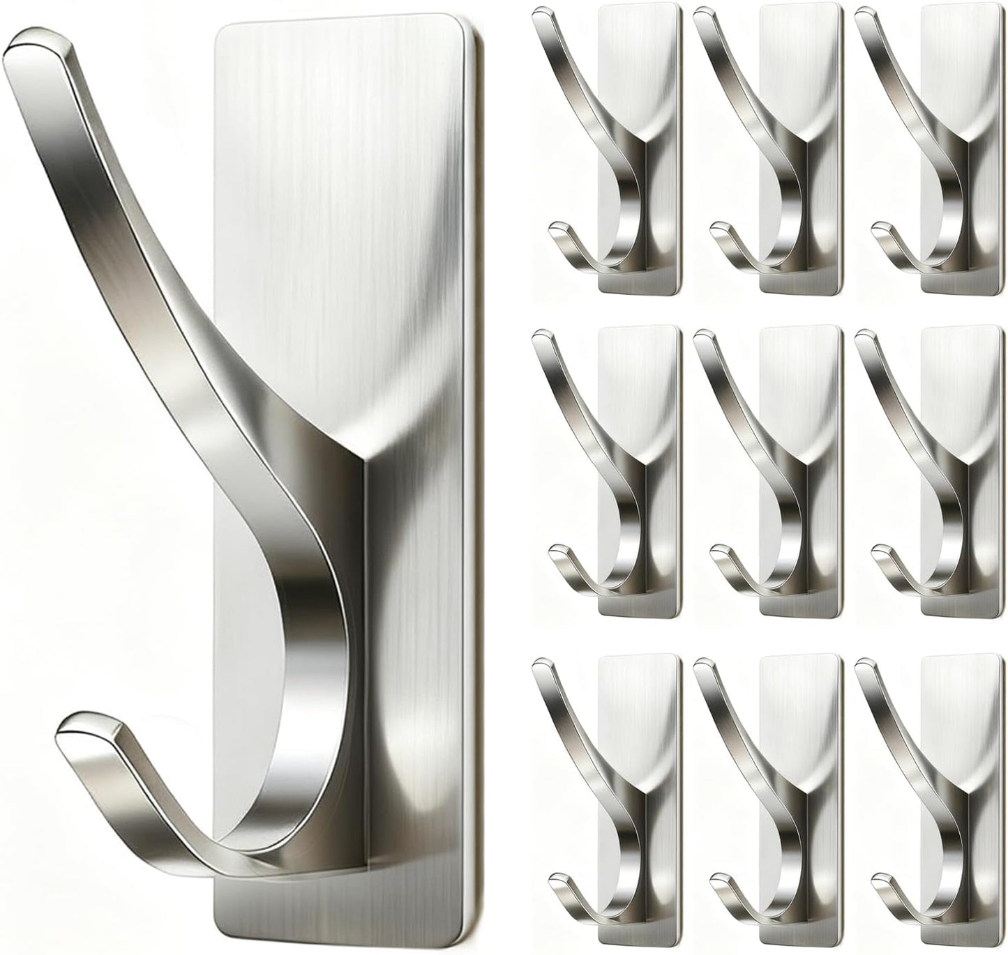pickpiff White Self Adhesive Coat Hooks for Hanging: 13LB Extra Strong Stainless Wall Hook for Towel, Utensil, Backpack, Hat, Sturdy Metal Hanger for Bathroom, Kitchen, Door, 4-Pack