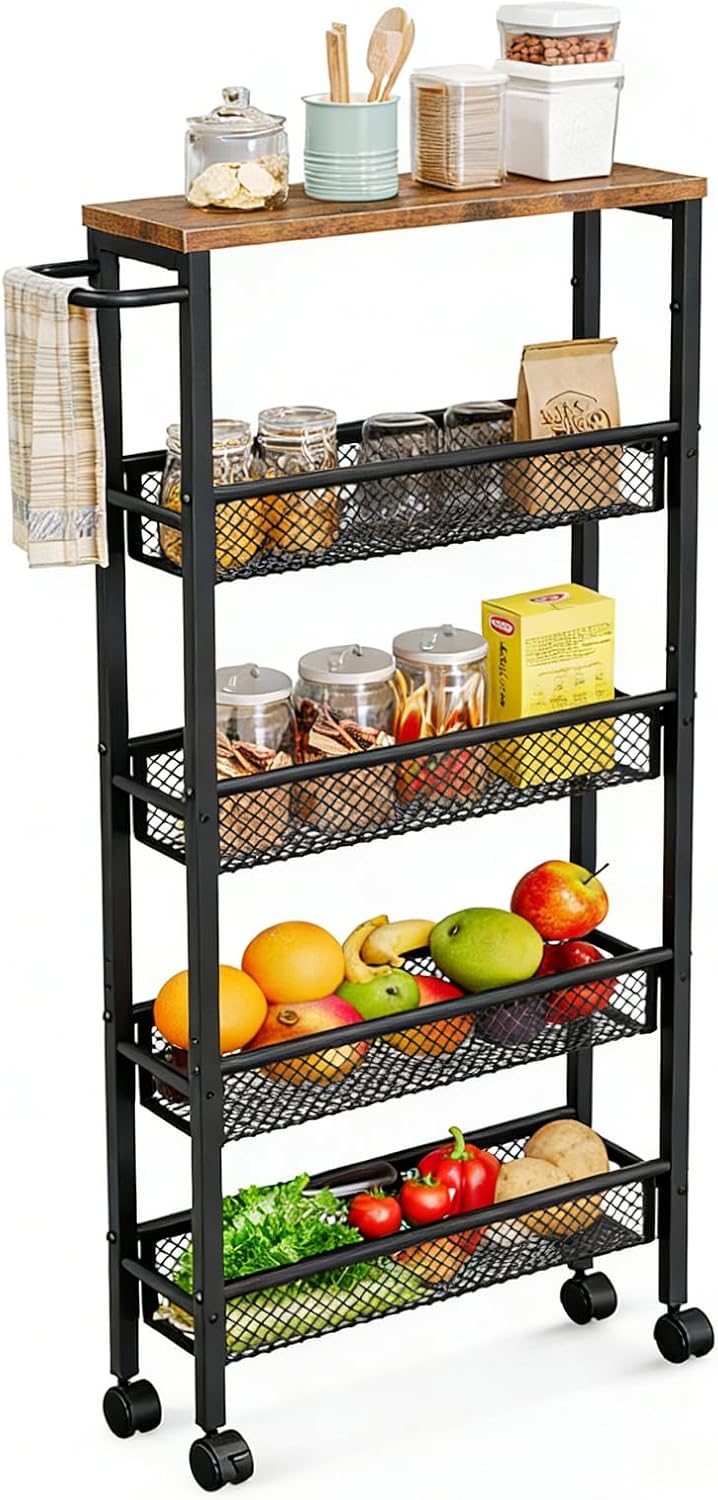 AZERPIAN Slim Rolling Cart 4 Tier Narrow Storage Cart on Wheels with MDF Board Top and Metal Handle for Small Space Kitchen Living Room Home Office Pantry Bathroom Laundry Room(16.54×5.12×30.31 inch)