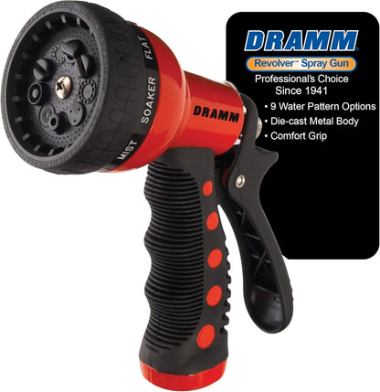 Dramm Revolver Heavy Duty Metal Garden Hose Nozzle – 9 Spray Patterns, High Pressure Jet, Thumb-Control Flow, Ergonomic Grip – Green