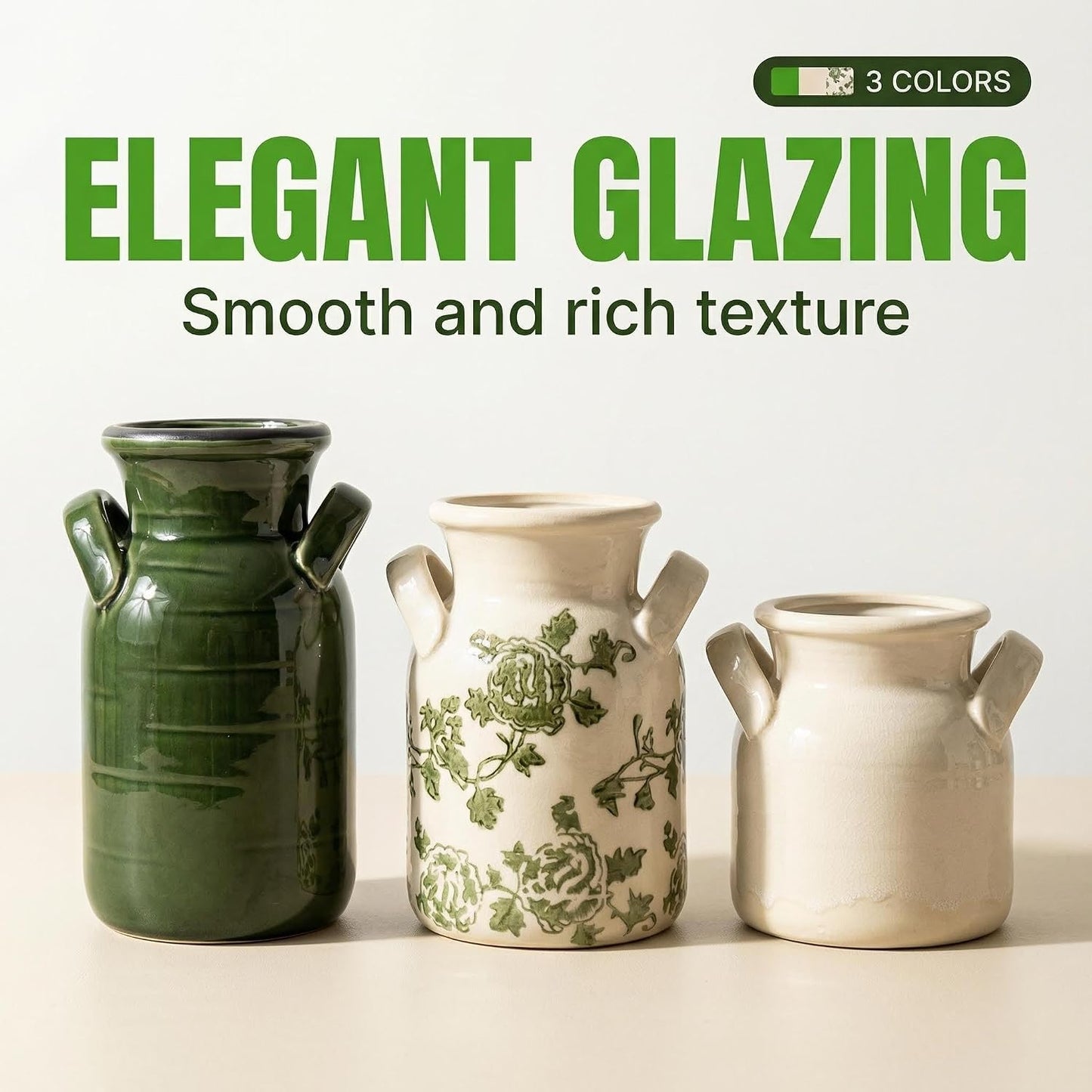 Ceramic Vase Set of 3 with Handles, Green White Neutral Rustic Modern Farmhouse Boho Decor, Versatile as Table Centerpiece or Mantel & Shelf Accent - Unique Home Gift Idea