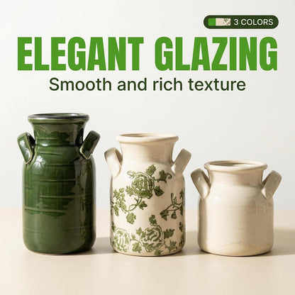 Ceramic Vase Set of 3 with Handles, Green White Neutral Rustic Modern Farmhouse Boho Decor, Versatile as Table Centerpiece or Mantel & Shelf Accent - Unique Home Gift Idea