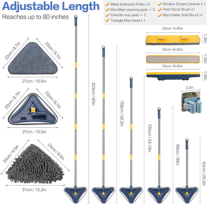 80" Wall Cleaner Mop with Long Handle, Sunoyar 360° Triangle Wall Washer Cleaner Tool for Ceiling Painted Wall Fan Baseboard,Wall Dusters Kit with Chenille Microfiber Pad Brush Scraper 5-in-1 Durable