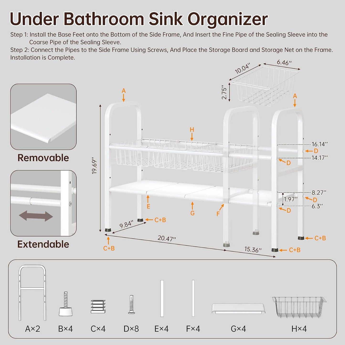 2 Tier Under Sink Organizer Expandable Length/Height Adjustable Heavy | Length/height adjustable fits any cabinet, 4 removable shelves/baskets, anti-wobble feet, for kitchen/bathroom/laundry