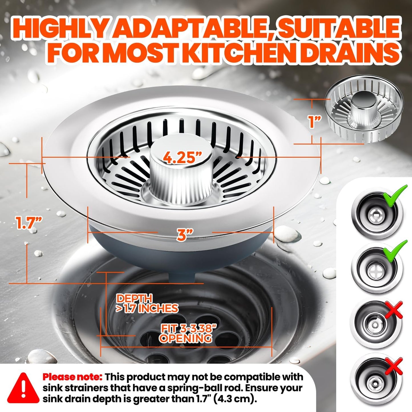 2 Pack Sink Drain Strainer - Sink Stopper, 3 in 1 Stainless Steel Kitchen Drain Plug with Deep Anti-Clog Basket and Odor-Blocking Seal, Pop-Up Design Fits Standard 3-1/2 Inch Sink