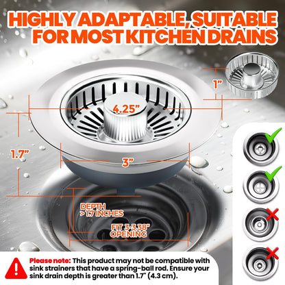 2 Pack Sink Drain Strainer - Sink Stopper, 3 in 1 Stainless Steel Kitchen Drain Plug with Deep Anti-Clog Basket and Odor-Blocking Seal, Pop-Up Design Fits Standard 3-1/2 Inch Sink