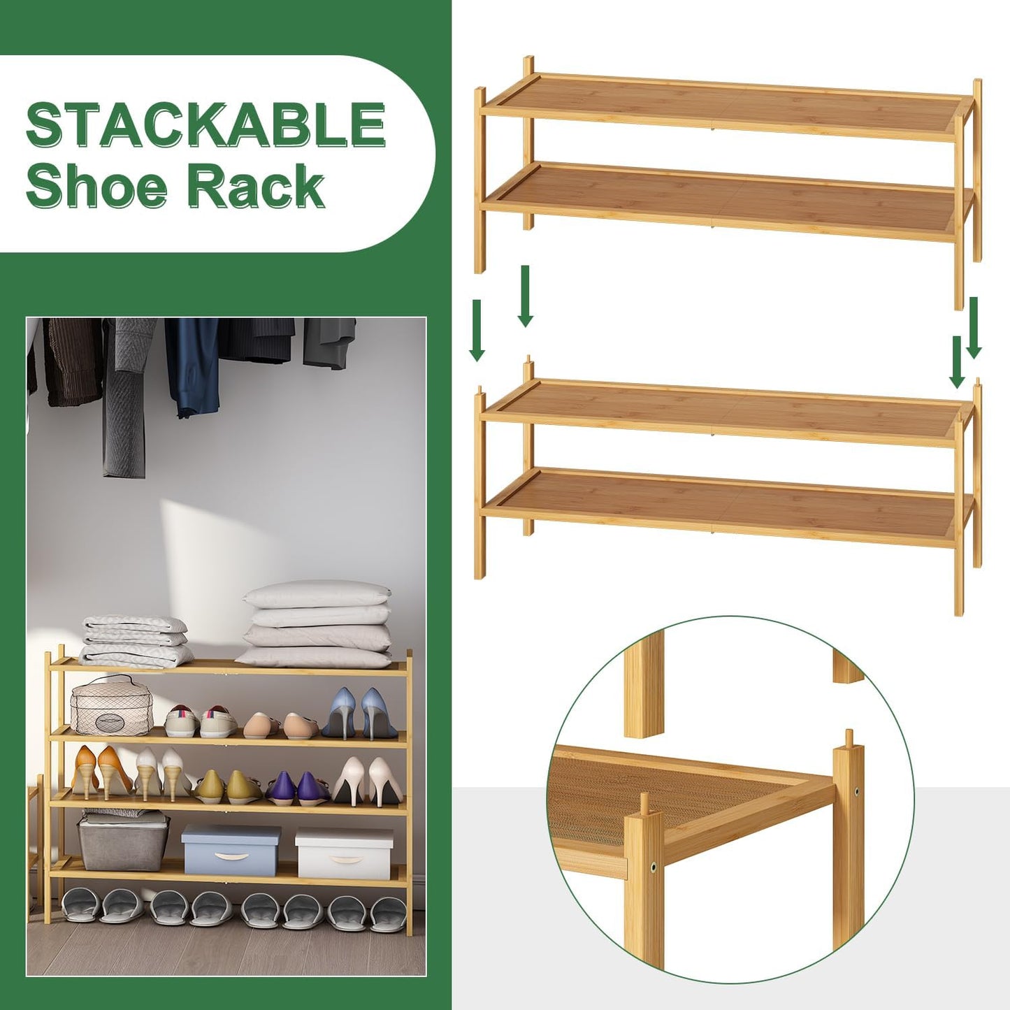 kiplant Small Shoe Rack, 4-Tier Bamboo Wood Shoe Rack for Entryway, Stackable Shoe Organizer for Hallway Closet, Free Standing Shoe Racks for Indoor & Outdoor