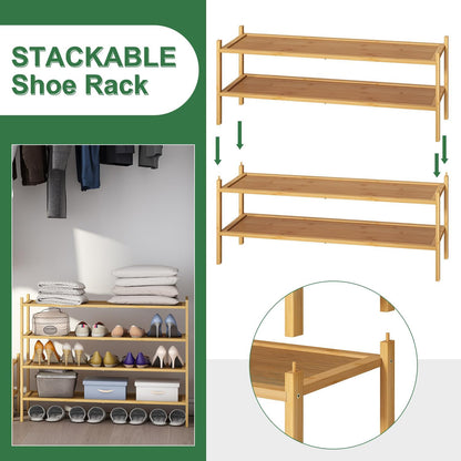 kiplant Small Shoe Rack, 4-Tier Bamboo Wood Shoe Rack for Entryway, Stackable Shoe Organizer for Hallway Closet, Free Standing Shoe Racks for Indoor & Outdoor