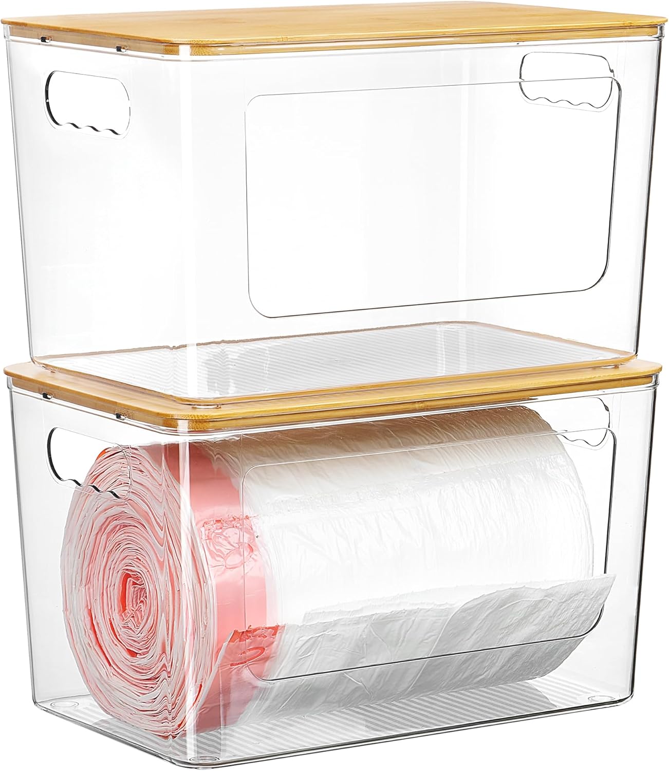 Vtopmart 2 Pack Trash Bag Holder, Stackable Garbage Bag Dispenser for 13/30/33 Gallon Bags, Clear Organizer Bins for Under Kitchen Sink, Laundry Room Organization and Storage