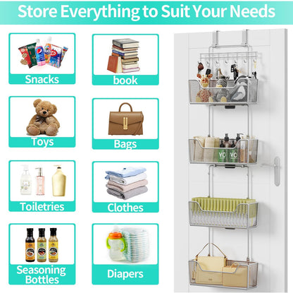 HapiRm Over The Door Organizer - Hanging Door Organizer with 4 Metal Large Capacity Baskets and Adjustable Coat Hook for Bathroom Bedroom Kitchen Pantry Closet Cabinet
