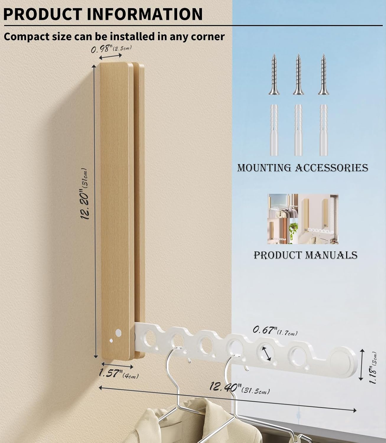 Natural Wood Folding Clothes Hanger Rack for Laundry Room, Wall Mounted Clothes Drying Rack, Laundry Drying Rack Foldable, Perfect for Small Spaces, Walnut Wood Black