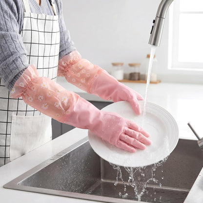 Pink Reusable Dishwashing Gloves, Dishwashing Cleaning Gloves, Waterproof Long Cuff Non-Slip Household Gloves for Laundry, Cleaning, Working, Gardening