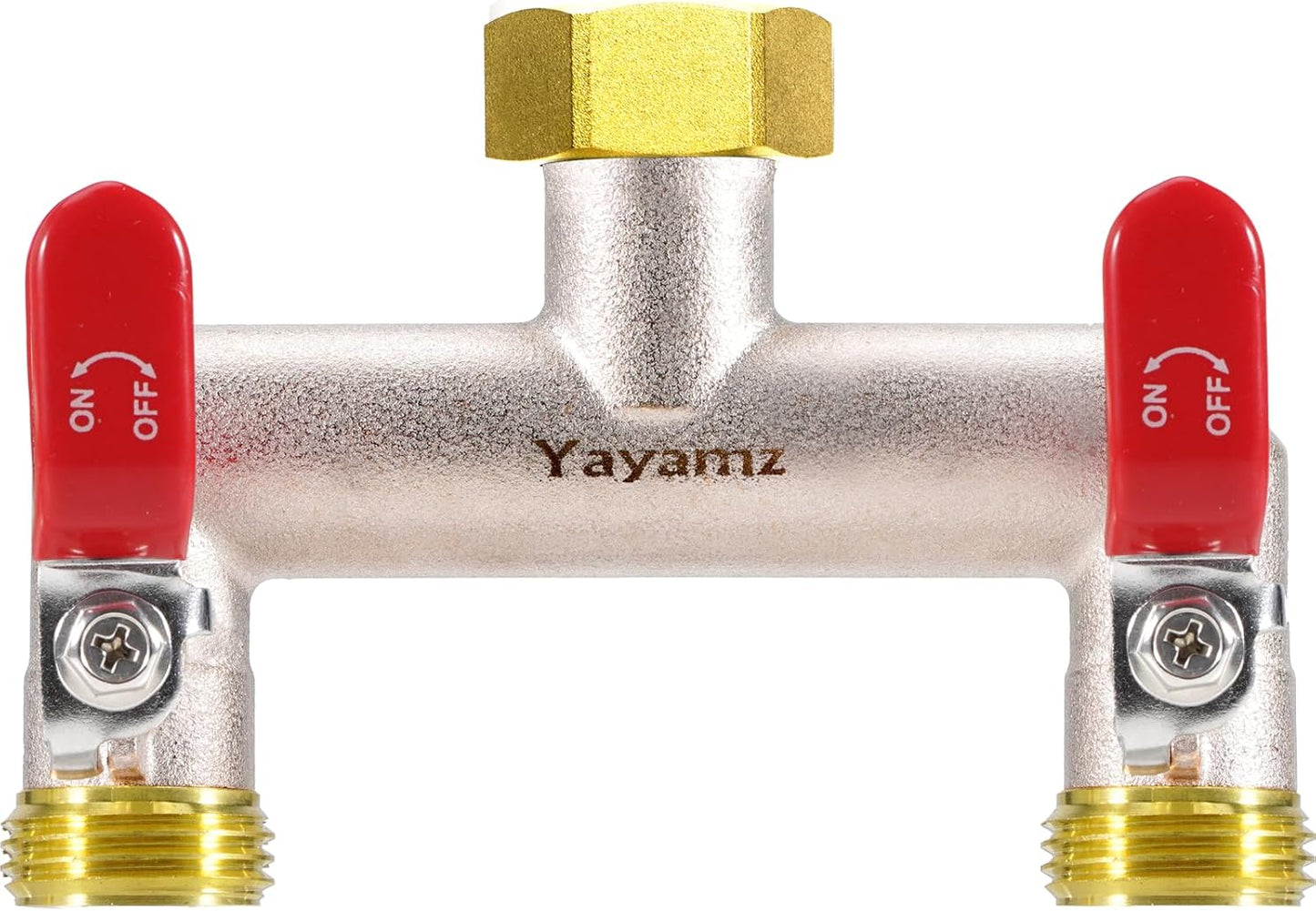 Garden Hose Splitter, 3/4” Rust and Freeze Resistant Outdoor Hose Manifold with 2 Red Extra Long Handles Faucet Adapter-Heavy Duty Brass Nickel Plated 2-Way Valve