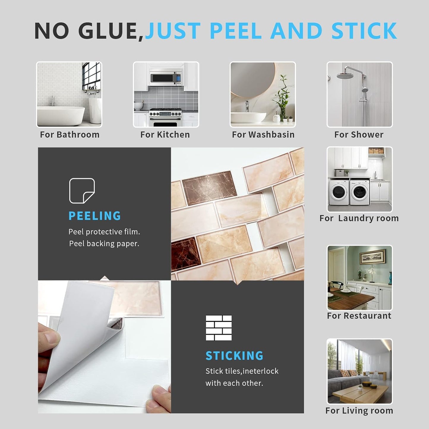 URCOLOR 10-Sheet Subway Tile Peel and Stick Backsplash for Kitchen,12"x12" Self Adhesive Wall Tiles Sticker on Back Splashes for Bathroom Gray Marble Design