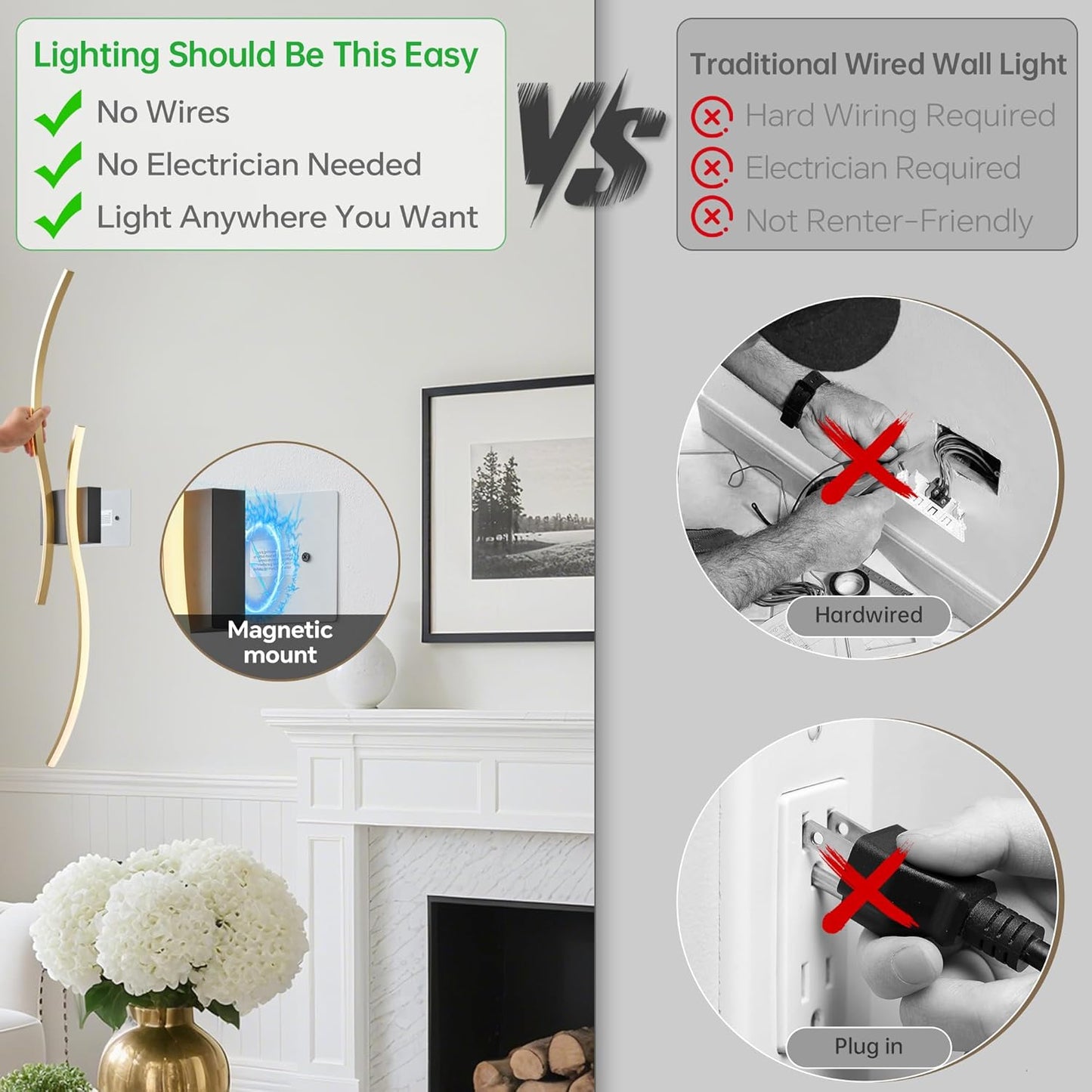 Battery Operated Wall Sconce Set of 2, Dimmable Modern LED Rechargeable Wall Light with Remote Control, Wall Decor for Living Room, Hallway, Quick Install, No Electrician Required