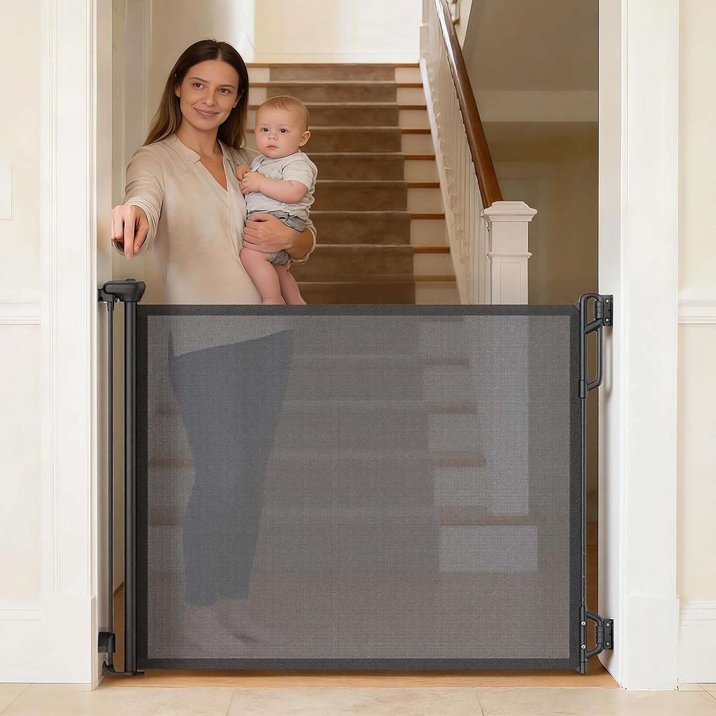 SPACEANY Retractable Safety Baby Gate or Mesh Dog Gate,Durable Portable Mesh Retractable Gate,Easy to Use for Stairs, Doorways, Hallways, Indoor, Outdoor, 33.5" Tall, Up to 45" Wide, Cream