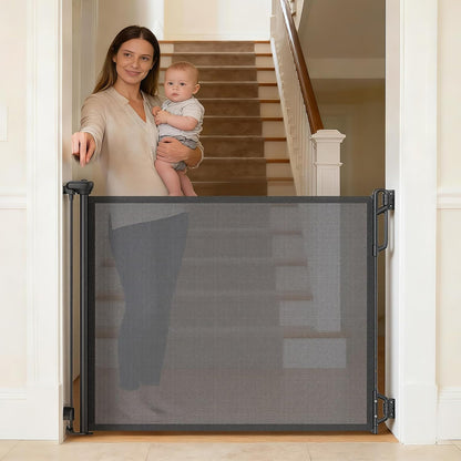 SPACEANY Retractable Safety Baby Gate or Mesh Dog Gate,Durable Portable Mesh Retractable Gate,Easy to Use for Stairs, Doorways, Hallways, Indoor, Outdoor, 33.5" Tall, Up to 45" Wide, Cream