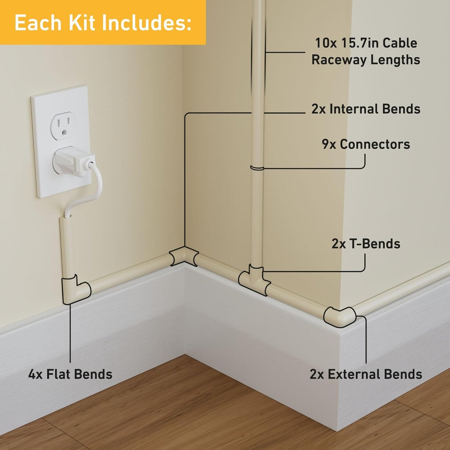 D-Line 157in Cord Cover Kit, Self-Adhesive Wire Hiders, Cable Raceway to Hide Wires on Wall, Electrical Cable Management - 10x 15.7 Lengths & 19 Accessories - 1.18" (W) x 0.59" (H) - Black