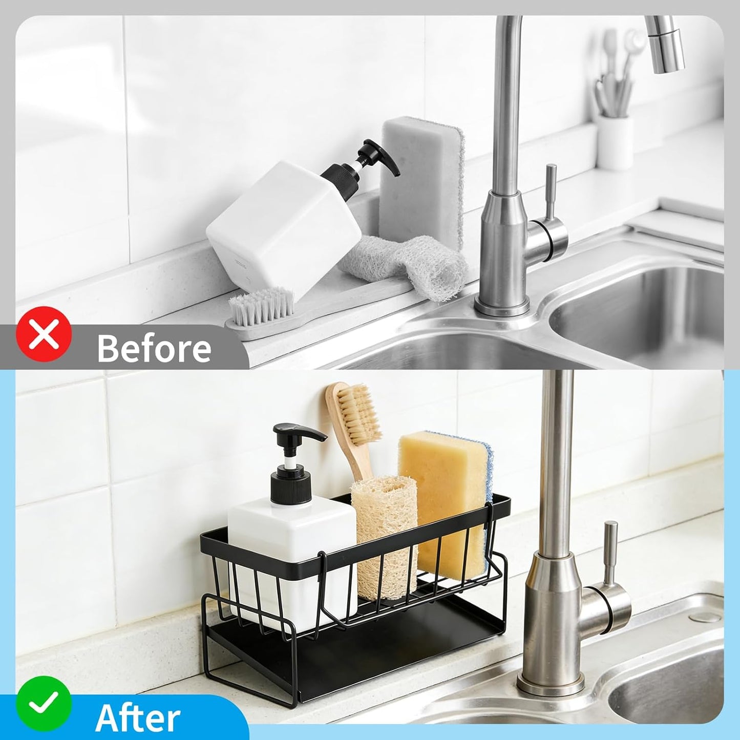 Dish Soap Holder - Kitchen Sink Caddy Organizer, Kitchen Countertop Organizer, with Stainless Steel Self Drain Tray, Rust-Free, for Sponge, Dish Soap Dispenser and Brush Storage Accessories, Black