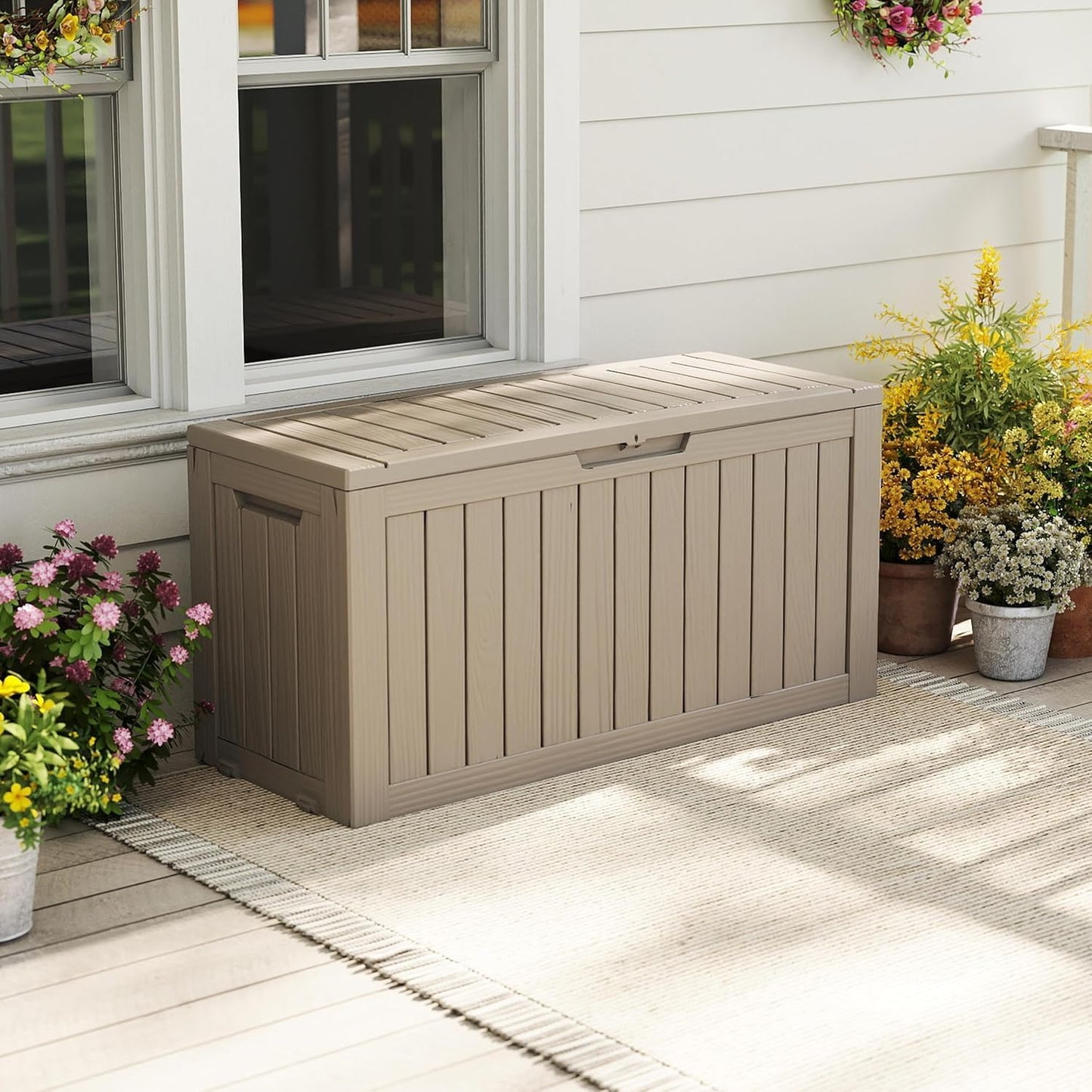 EasyUp 33 Gallon Resin Deck Box Waterproof, UV Resistant Outdoor Storage Box for Delivery, Porch, Patio and Garden, Stripe Black