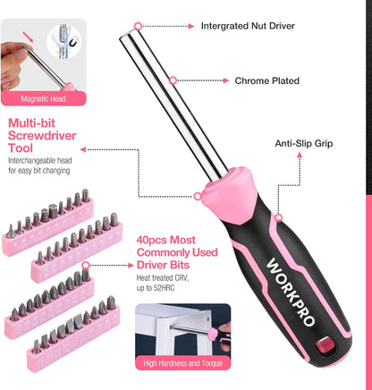 WORKPRO Pink Tool Set, 277 PCS Home Repairing Tool Kit, Pink Tool Bag with 13-Inch Wide Mouth Open Storage Bag, Portable Home Tool Kit Including Hammer, Screwdriver, and Household Tools - Pink Ribbon