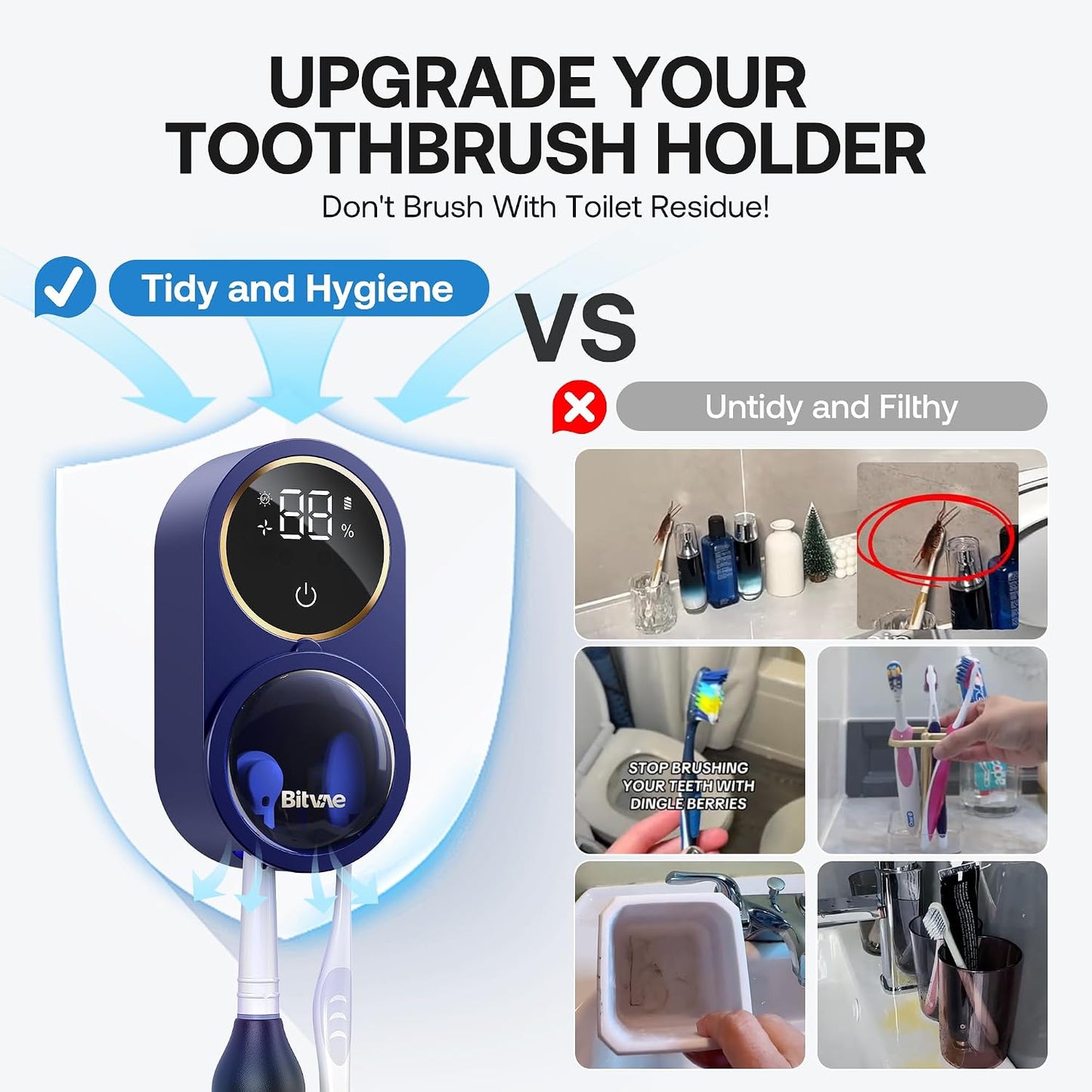 Bitvae Upgraded Tooth Brush Holder for Bathroom 2.0, Infrared Sensing Toothbrush Cleaner, Wall-Mounted for Most Size Toothbrushes, Air Drying, LED Smart Screen, White Gold Trim
