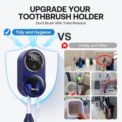 Bitvae Upgraded Tooth Brush Holder for Bathroom 2.0, Infrared Sensing Toothbrush Cleaner, Wall-Mounted for Most Size Toothbrushes, Air Drying, LED Smart Screen, White Gold Trim