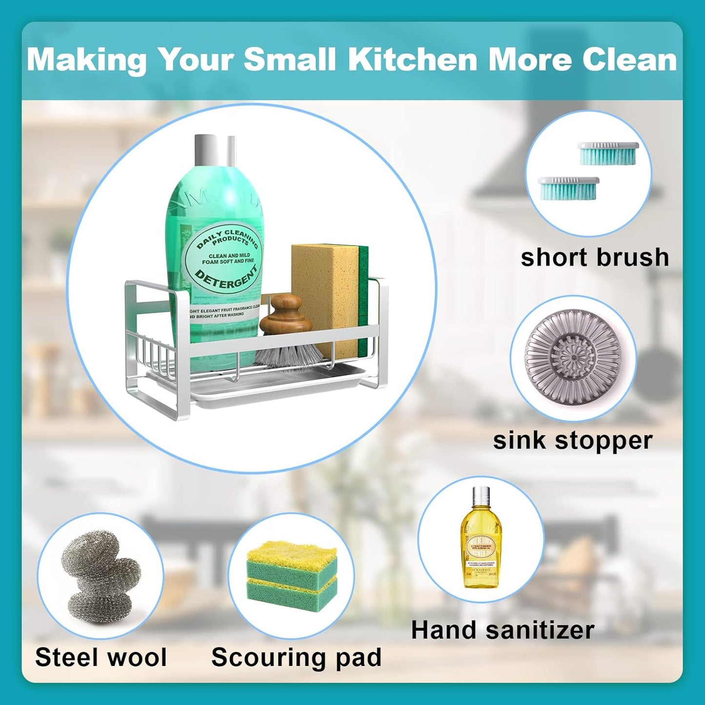 VANTEN Kitchen Sink Caddy Sponge Holder Organizer, Sink Tray Drainer Rack, Soap Dish Dispenser Brush Holder Storage Accessories - Countertop or Adhesive Wall Mount, Matte Black Stainless Steel
