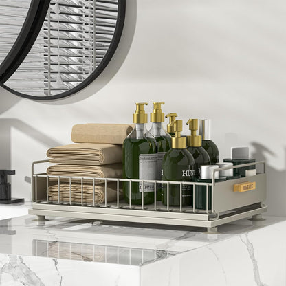2 Pack Under Sink Organizer with Ball Bearing Sliding Drawer, Heavy Duty Pull Out Cabinet Organizer, 2 Tier Adjustable Storage Rack for Kitchen Bathroom, Space Saving Design, White