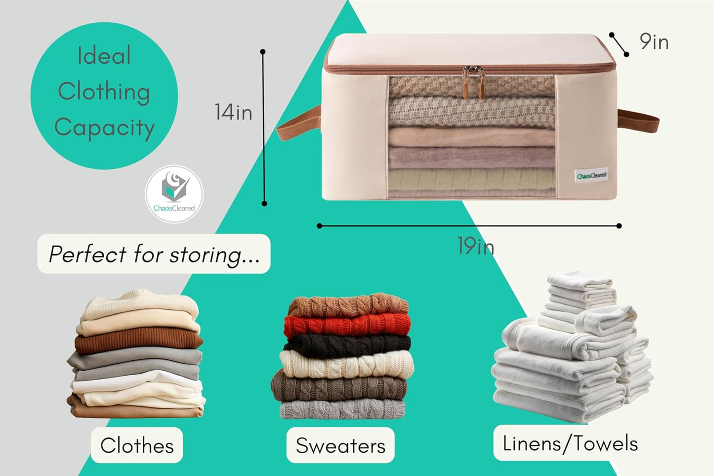 Chaos Cleared Canvas Storage Bags Designer Organizer for Comforters 2 Pack – Seasonal Storage for Pillows, Blankets, Linens & Garments – Foldable Design with Zip & Window, Moth-Proof Space Saver