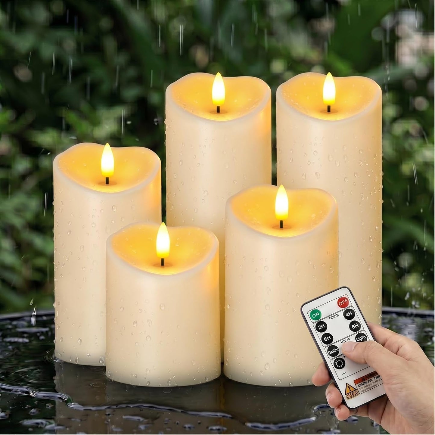 Amagic IP65 Waterproof Outdoor Flameless Candles with Remote, LED Candles Battery Operated with Timer, Flickering Fake Pillar Candle for Outside Patio Yard Decor, Ivory, Set of 5, D3 X H4 5" 6" 8" 8"