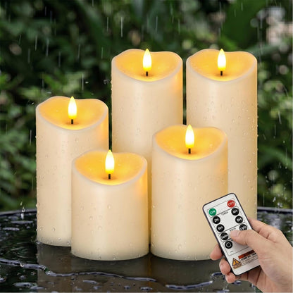 Amagic IP65 Waterproof Outdoor Flameless Candles with Remote, LED Candles Battery Operated with Timer, Flickering Fake Pillar Candle for Outside Patio Yard Decor, Ivory, Set of 5, D3 X H4 5" 6" 8" 8"