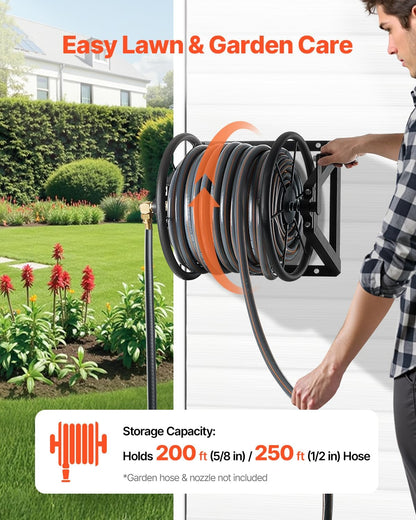 VEVOR Wall Mounted Garden Hose Reel, Holds 125 ft 5/8-inch Hose, Heavy-Duty Water Hose Winder, Space-Saving Design, Outdoor Manual Reel with Brass Fitting and Storage Basket for Yard Lawn