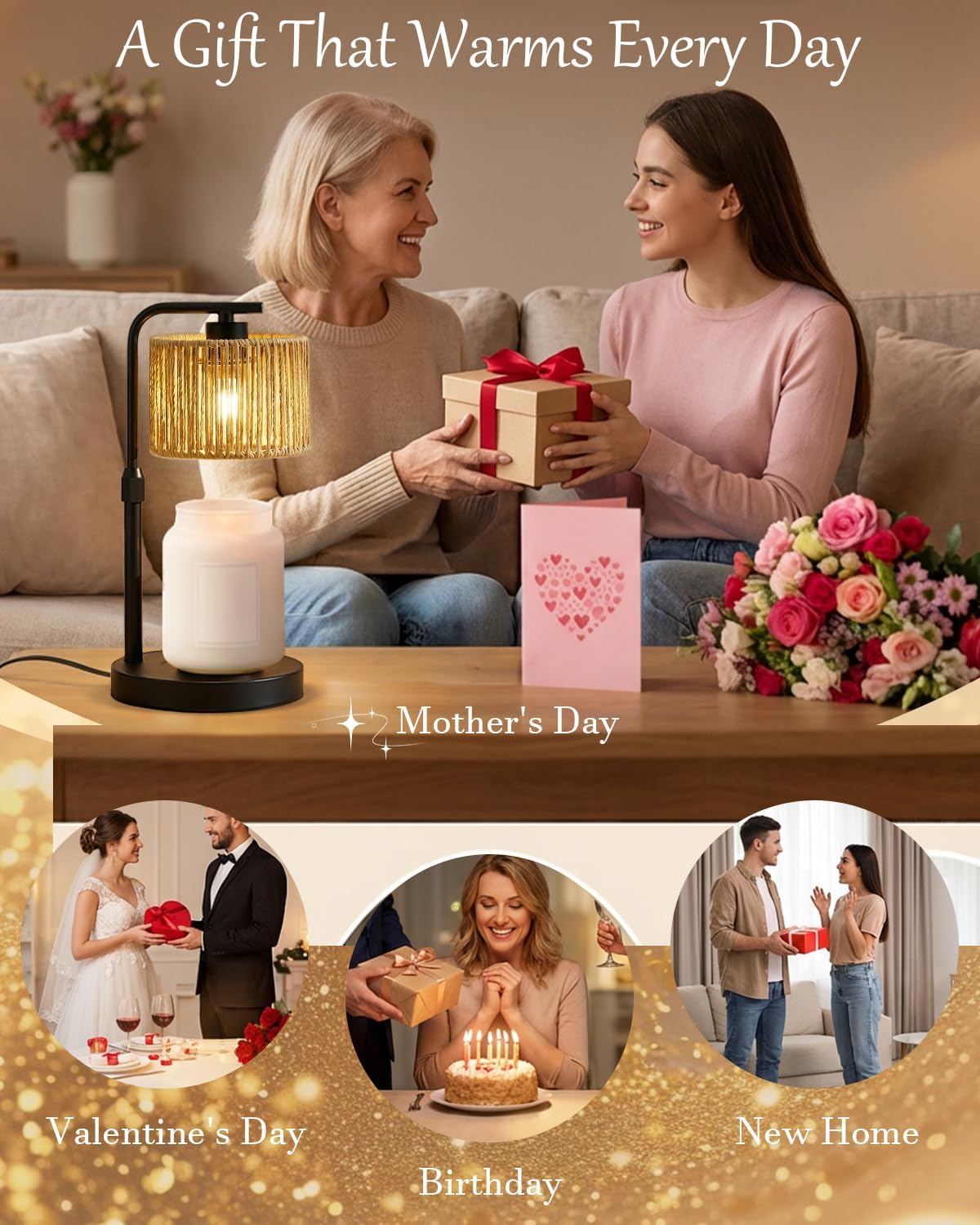 Candle Warmer Lamp with Timer Dimmer, Height Adjustable Modern Farmhouse Candle Warmer, Electric Candle Lamp Warmer with 2 Bulbs, Birthday Gifts for Women Mom, Gift for Home Decor