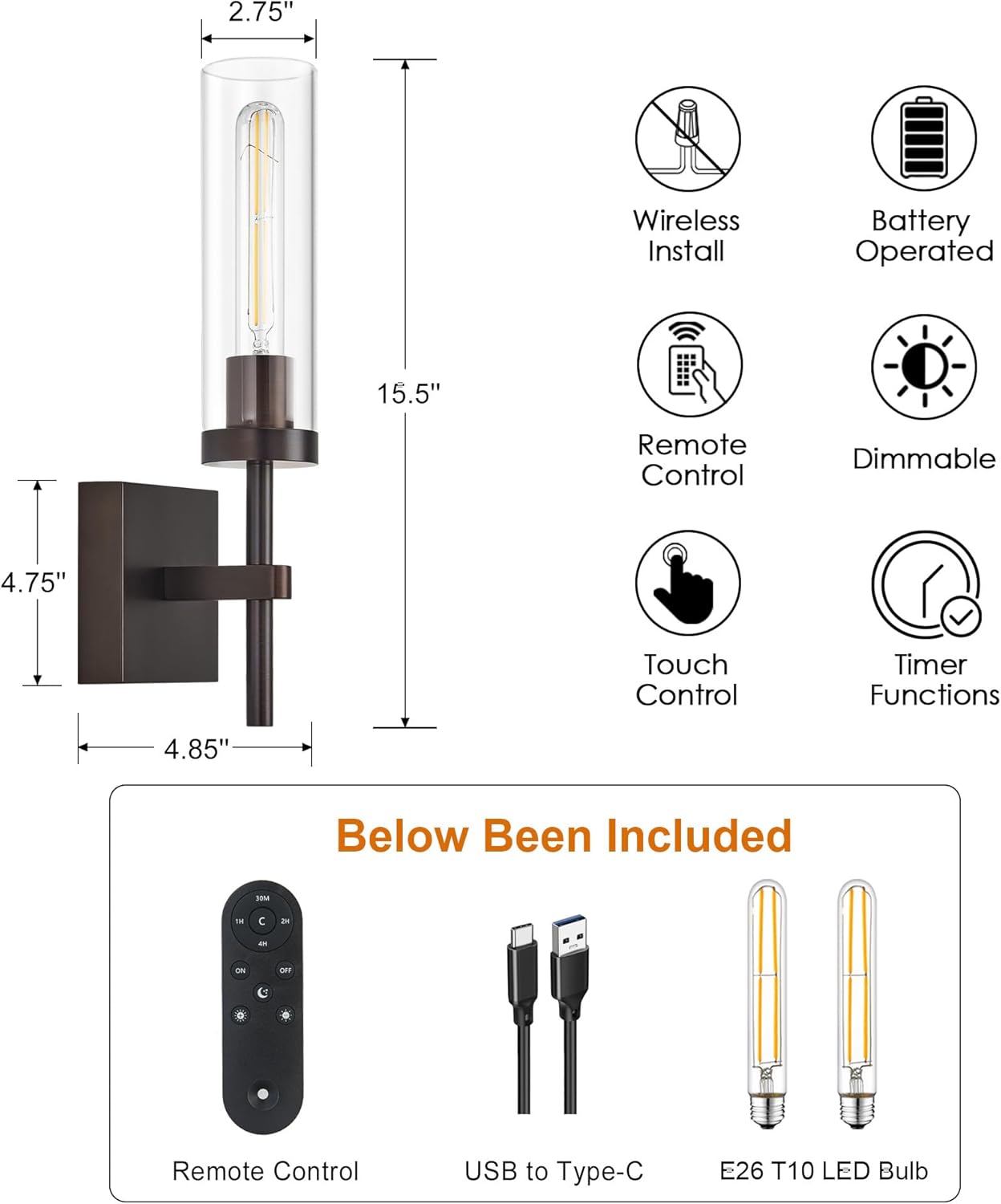Wireless Wall Sconces with Remote Control, Battery Operated Wall Sconce Set of 2, Black & Gold Rechargeable Dimmable Wall Light for Bedroom Living room Bathroom Hallway Entryway Stairwell, 3000K